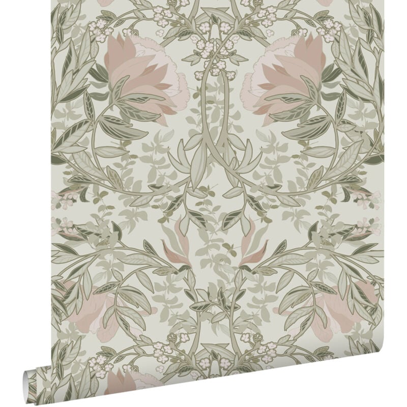 Papier peint fleurs vintage de style art nouveau sable beige et vieux rose Estahome