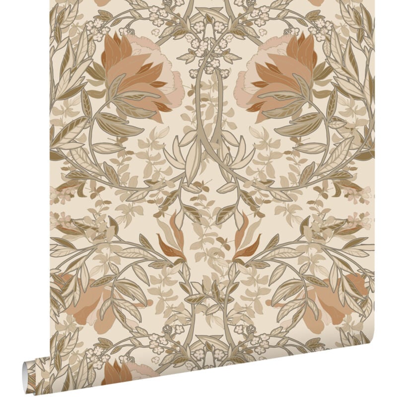 Papier peint fleurs vintage de style art nouveau beige clair et vieux rose Estahome
