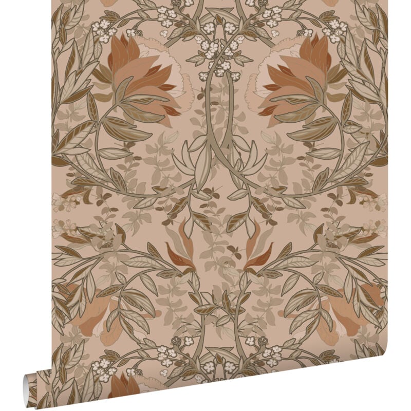 Papier peint fleurs vintage de style art nouveau beige et terracotta Estahome