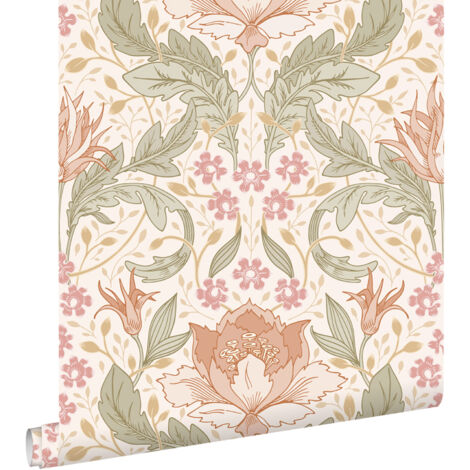 papier peint fleurs vintage de style art nouveau beige, rose et vert  - ESTAhome