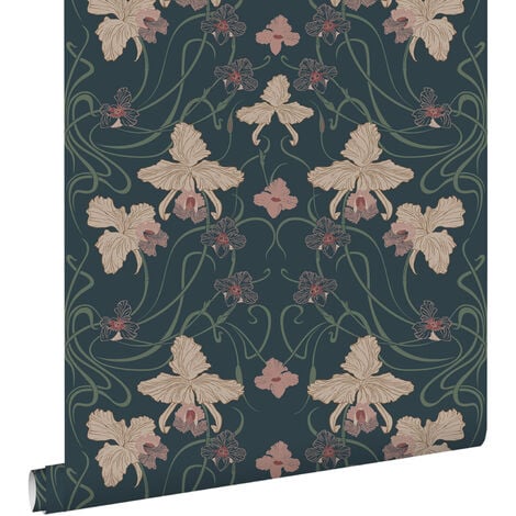 papier peint fleurs vintage de style art nouveau bleu foncé, beige et vert grisé  - ESTAhome