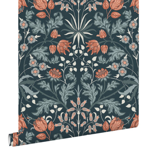 papier peint fleurs vintage de style art nouveau bleu foncé et terracotta  - ESTAhome