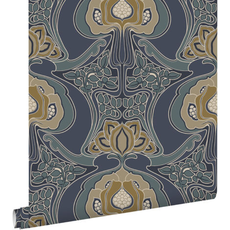 papier peint fleurs vintage de style art nouveau bleu gris  - ESTAhome