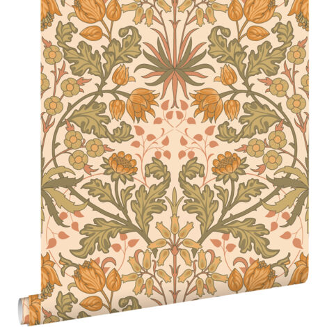 papier peint fleurs vintage de style art nouveau orange chaude et vert grisé  - ESTAhome