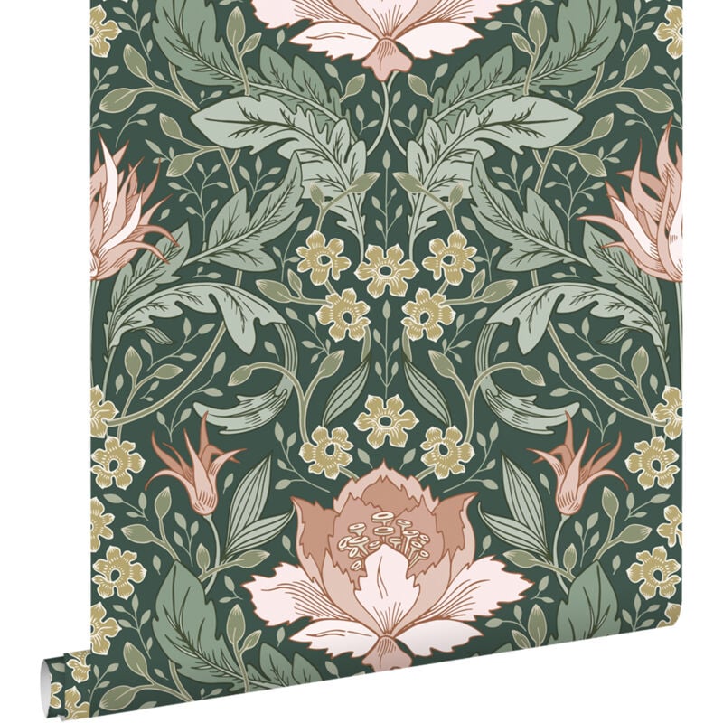 Papier peint fleurs vintage de style art nouveau vert foncé et rose clair Estahome