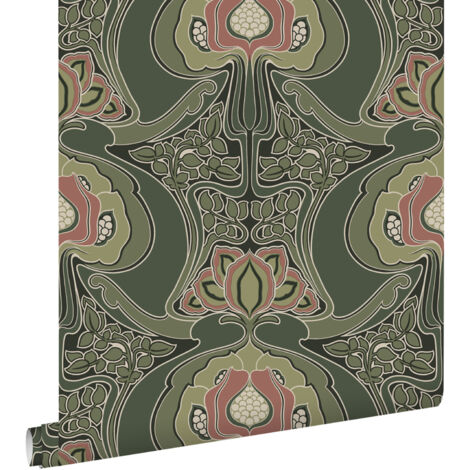 papier peint fleurs vintage de style art nouveau vert foncé  - ESTAhome