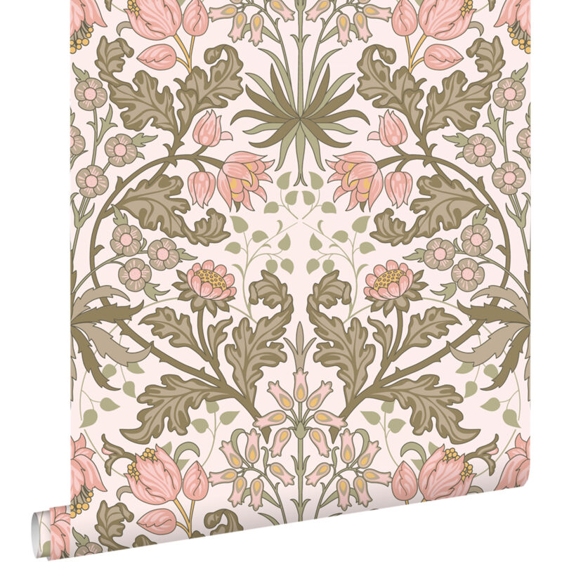 Papier peint fleurs vintage de style art nouveau rose clair et vert grisé Estahome
