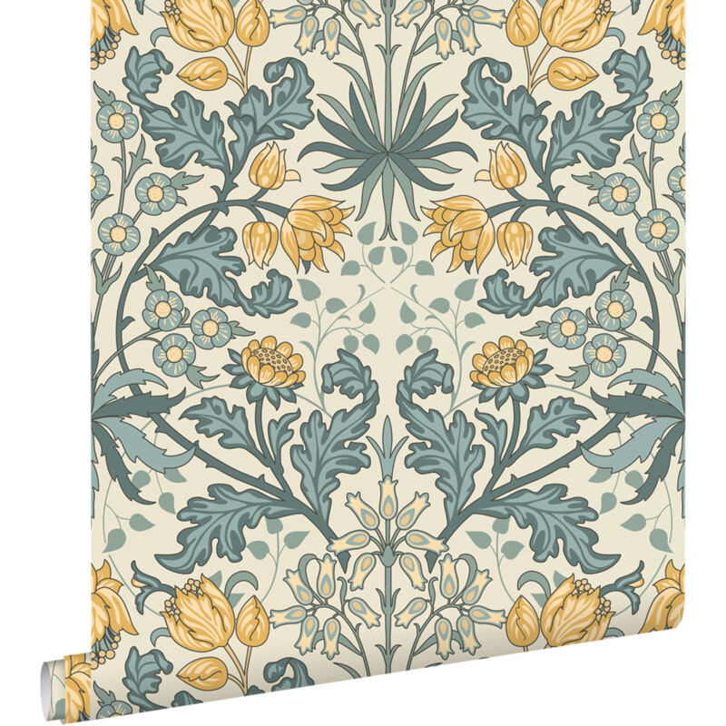 papier peint fleurs vintage de style art nouveau bleu et jaune - ESTAhome