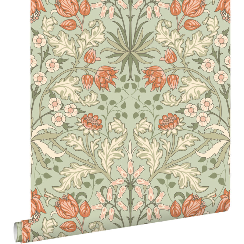 Papier peint fleurs vintage de style art nouveau vert et terracotta Estahome