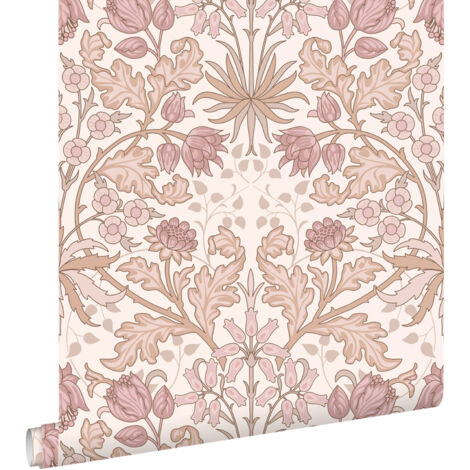 papier peint fleurs vintage de style art nouveau vieux rose et beige  - ESTAhome