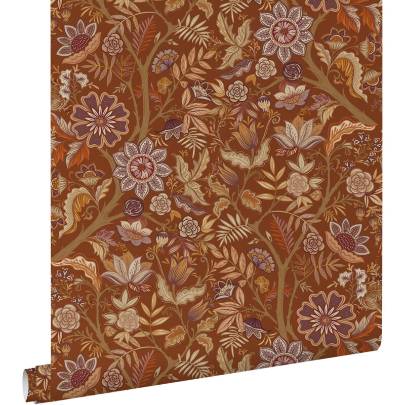 Estahome - papier peint fleurs vintage marron terracotta et violet foncé