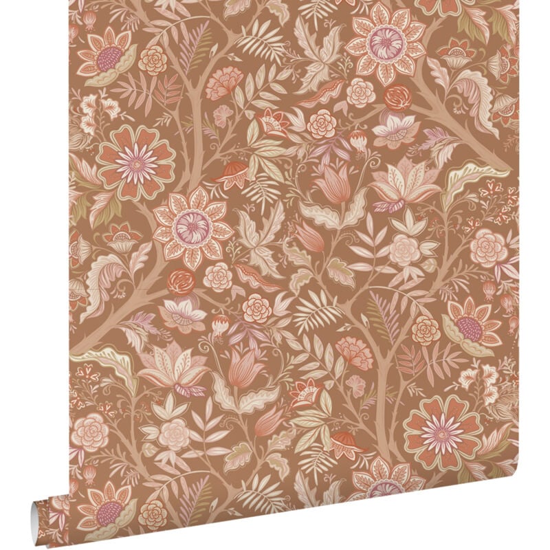 Papier peint fleurs vintage marron, terracotta et violet Estahome