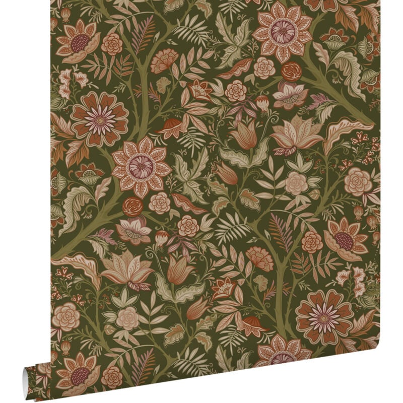 Papier peint fleurs vintage vert foncé et marron terracotta Estahome
