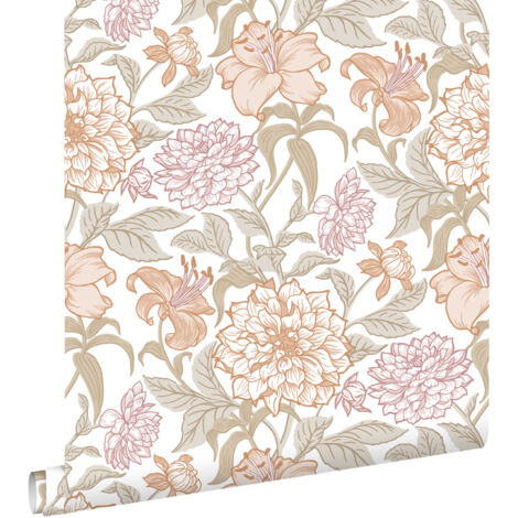 papier peint fleurs vintage terracotta et vert grisé - ESTAhome