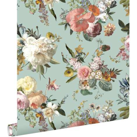 Papier peint fleurs vintage vert grisé – Intissé écologique – Dimensions 53 cm x 10,05 m – Raccord sauté pour pose facile – Estahome