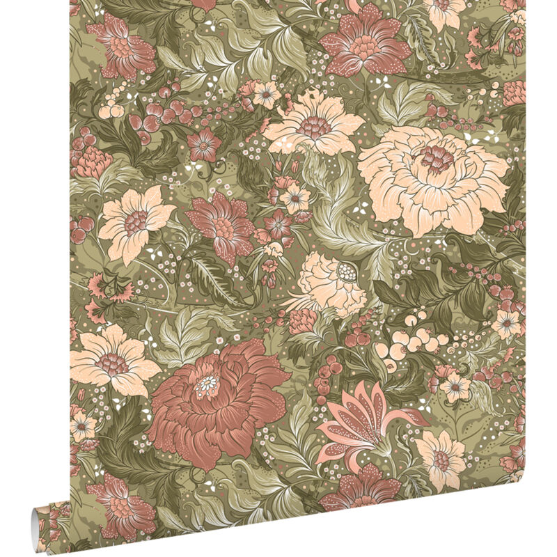 Estahome - papier peint fleurs vintage vert et vieux rose