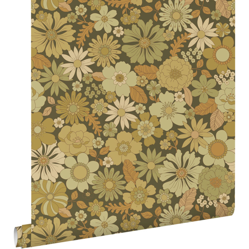 Papier peint fleurs rétro vert olive grisé Estahome