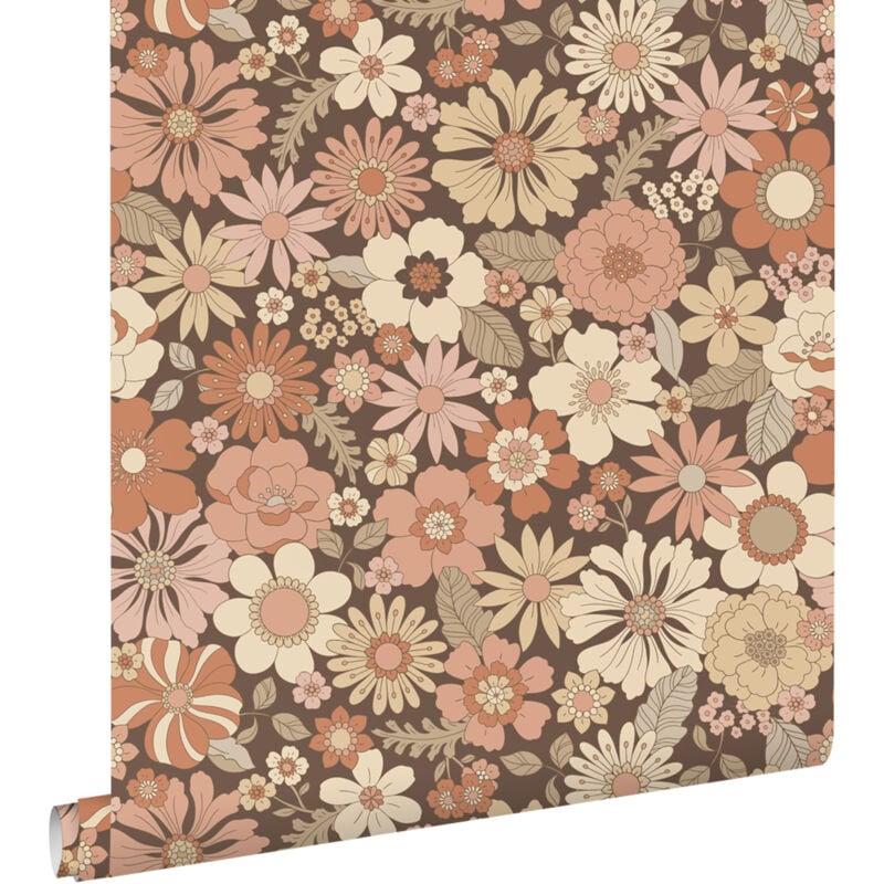 Papier peint fleurs rétro vieux rose et beige Estahome