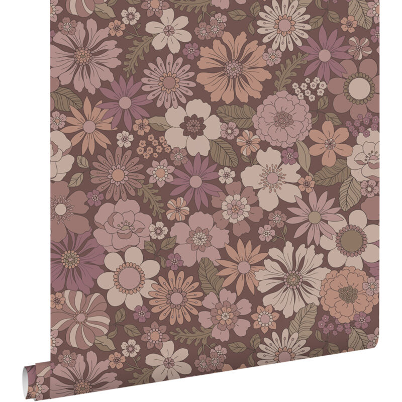 papier peint fleurs rétro vieux rose et violet aubergine - ESTAhome