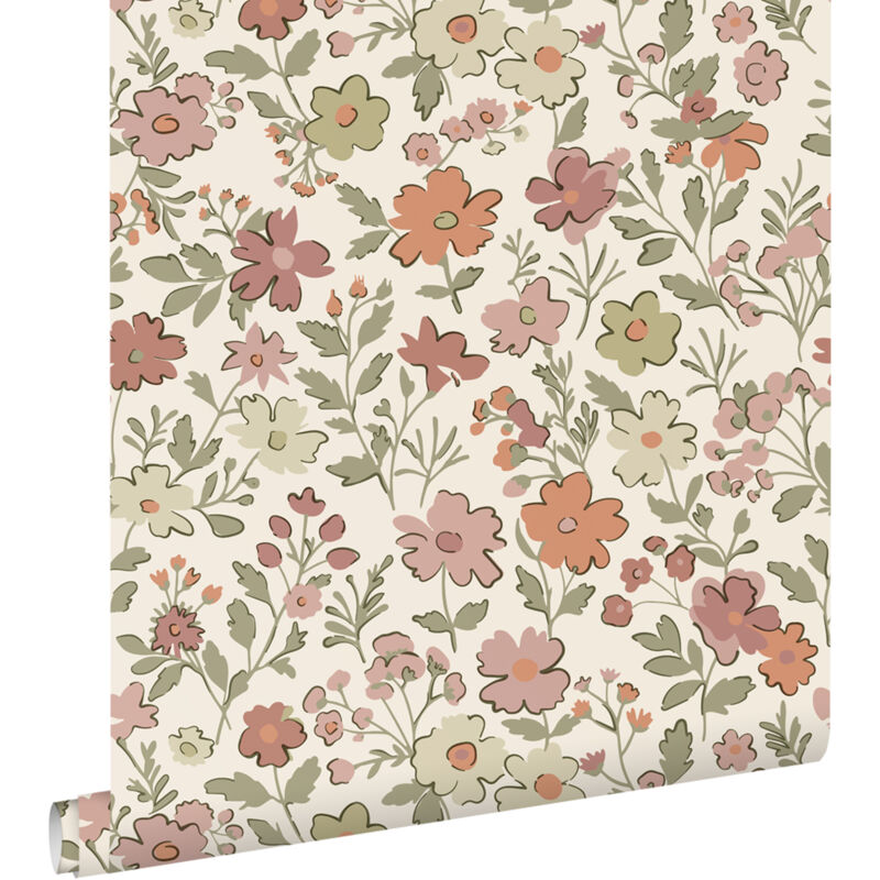 Papier peint fleurs terracotta, vert et blanc Estahome