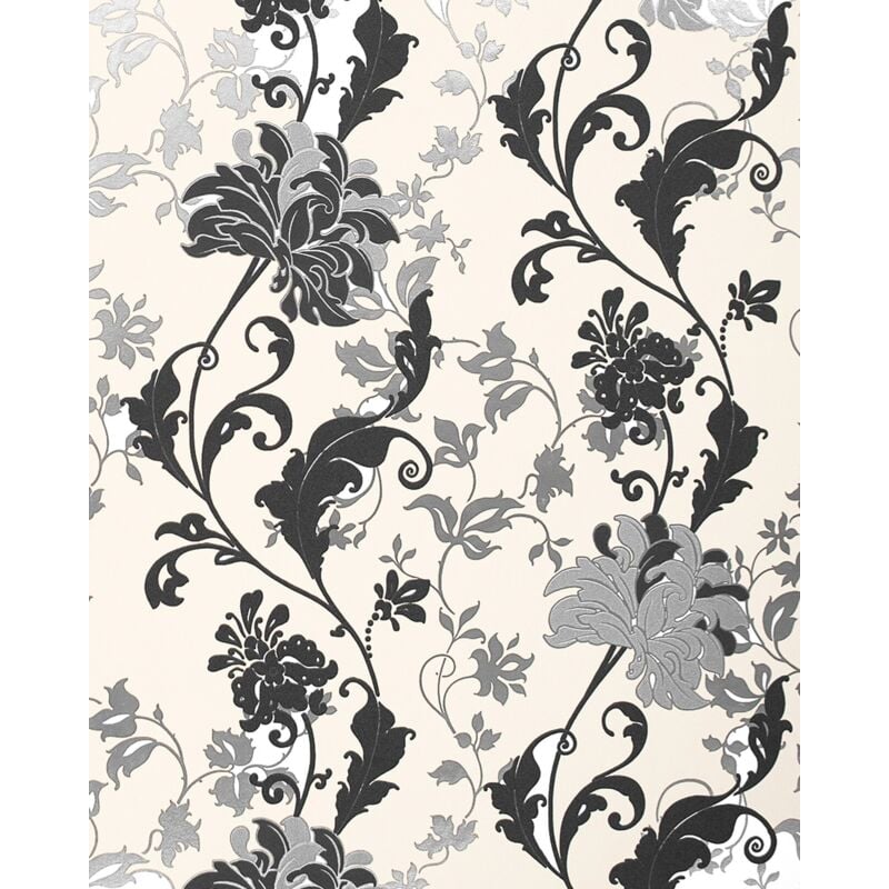 Papier peint floral Edem 833-20 dessin précieux fleurs et feuilles noir blanc argent crème 70 cm