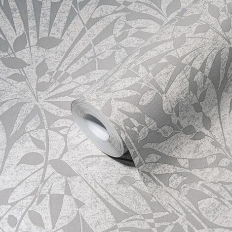 Papier peint floral gris et argent Tapisserie feuillage style jungle tropical Papier peint intissé et embossé idéal pour couloir