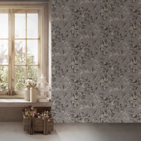 Papier peint floral gris et blanc Tapisserie cottage à fleurs et feuillages pour chambre Papier peint style botanique idéal pour couloir