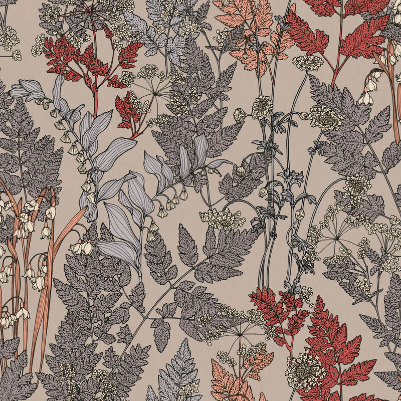 Papier peint fleuri & feuille pour salon Tapisserie fleurie pour chambre adulte Papier peint motif floral gris, beige et rouge