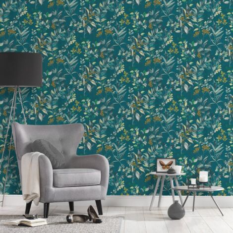 Papier peint floral multicolore Tapisserie à feuillage bleu, vert, jaune Papier peint à fleurs sur fond turquoise style botanique idéal chambre