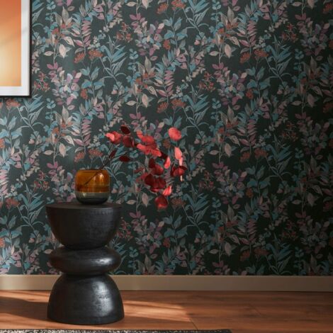 Papier peint floral multicolore Tapisserie à feuillage rouge, bleu, rose Papier peint à fleurs sur fond noir style botanique idéal salon