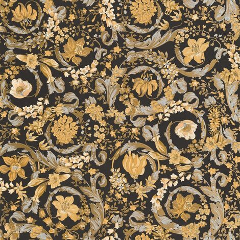 Papier peint floral noir et or Tapisserie intissée baroque fleurie Papier peint embossé facile à appliquer idéal pour chambre