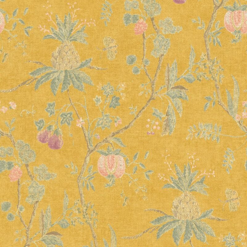 Papier peint intissé fleuri pour couloir Profhome 367194 Papier peint vintage jaune à fleurs 5,33 m2