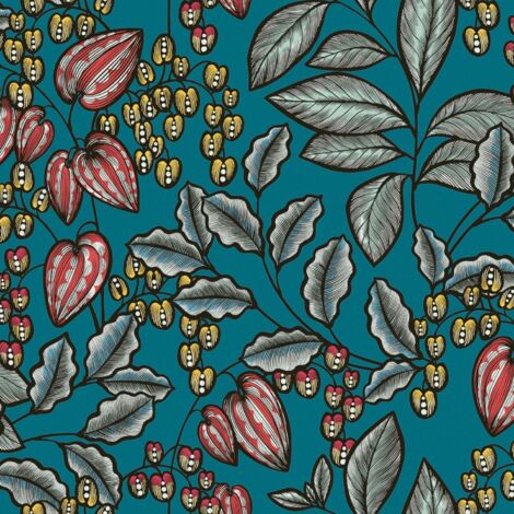 Papier peint floral Profhome 377542 papier peint intissé lisse avec un dessin floral mat bleu jaune rouge noir 5,33 m2