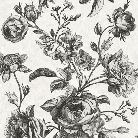 Papier peint floral Profhome 387002 papier peint intissé légèrement texturé avec un dessin floral scintillant crème blanc-perlé noir gris 5,33 m2 - crème