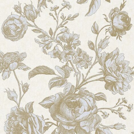 Papier peint floral Profhome 387003 papier peint intissé légèrement texturé avec un dessin floral scintillant crème ivoire-clair or 5,33 m2 - crème