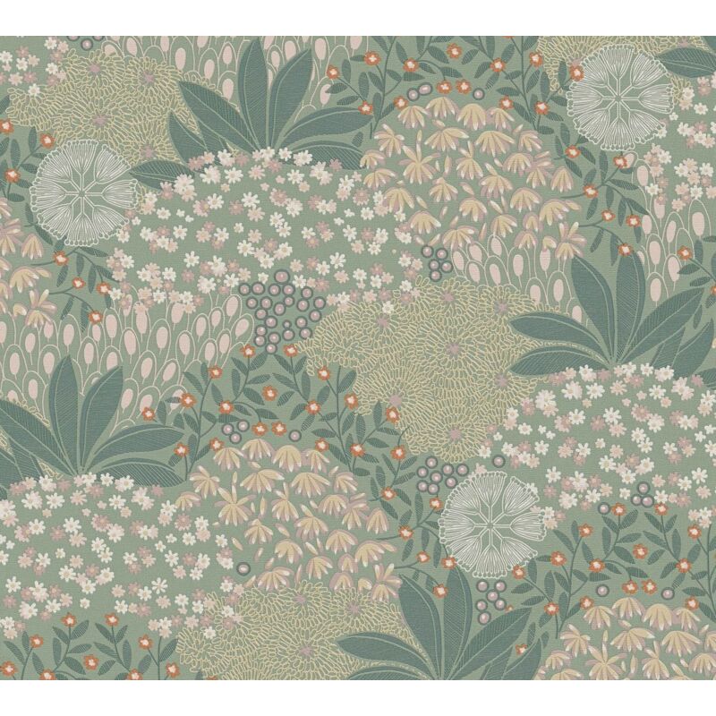Papier peint floral Profhome 387401 papier peint intissé gaufré à chaud légèrement texturé avec un dessin floral mat vert jaune orange 5,33 m2
