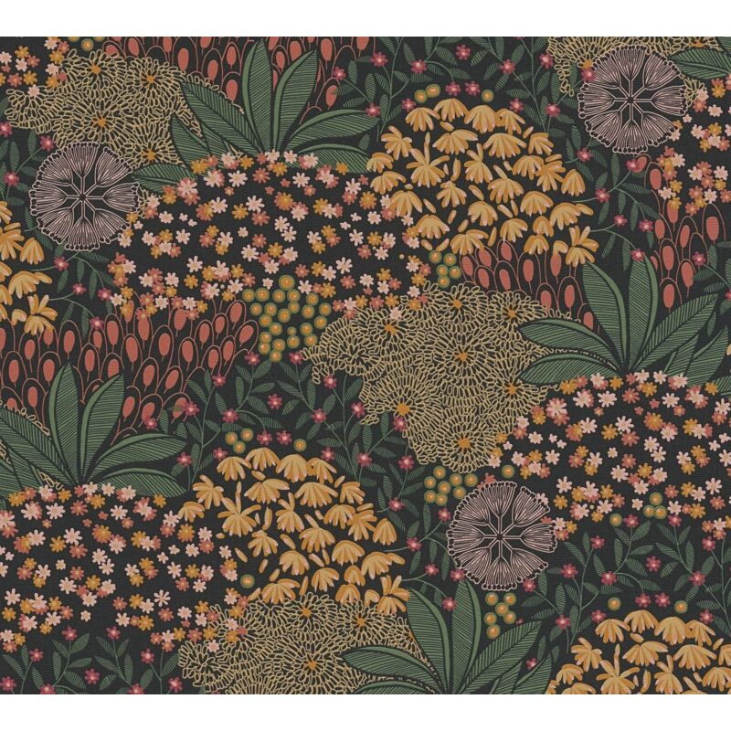 Papier peint floral Profhome 387403 papier peint intissé gaufré à chaud légèrement texturé avec un dessin floral mat brun noir orange 5,33 m2