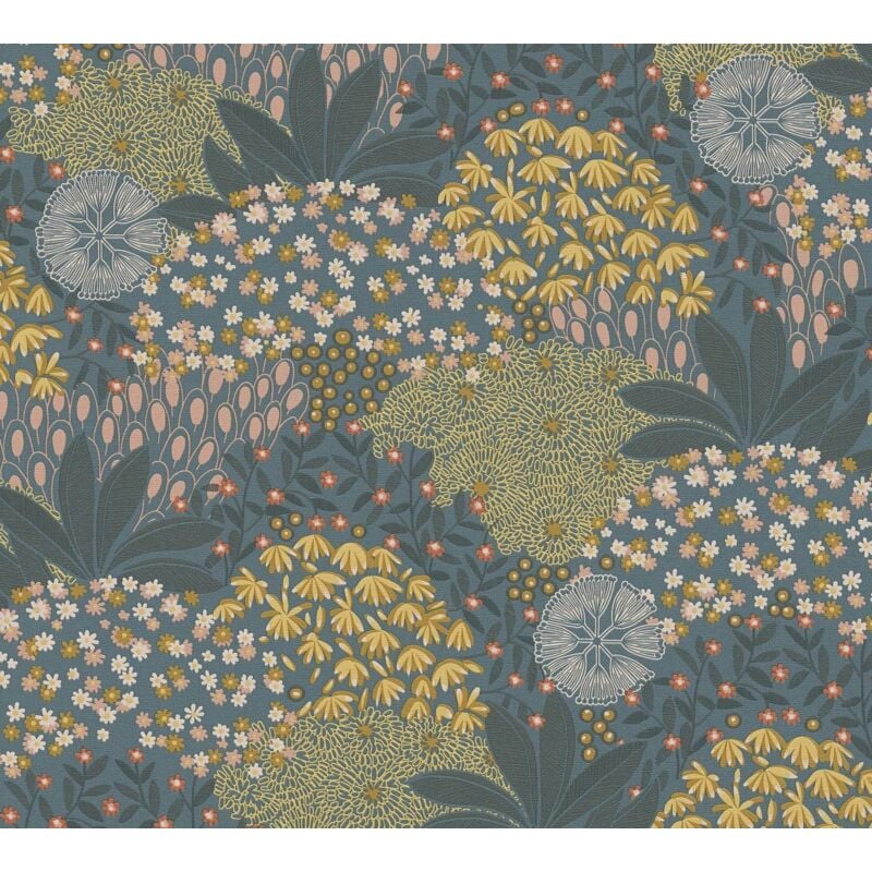 Profhome - Papier peint floral 387404 papier peint intissé gaufré à chaud légèrement texturé avec un dessin floral mat turquoise pétrole jaune rose