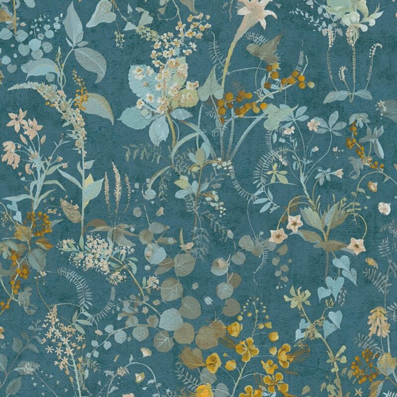 Papier peint floral Profhome 388253 papier peint intissé gaufré à chaud texturé avec des ornements floraux mat bleu pétrole jaune vert 5,33 m2