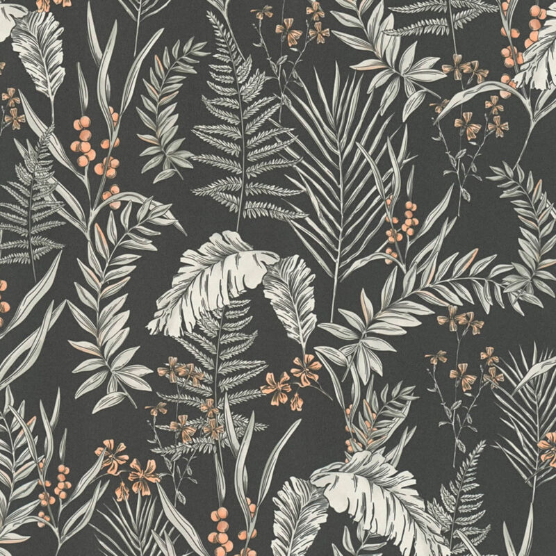 Papier peint floral Profhome 394341 papier peint intissé gaufré à chaud légèrement texturé avec des ornements floraux mat noir blanc orange 5,33 m2