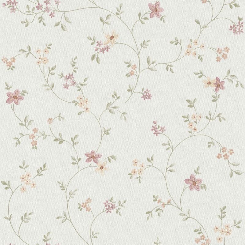 Papier peint floral Profhome 937701 papier peint intissé texturé avec un dessin floral mat blanc vert blanc crème vieux rose 5,33 m2