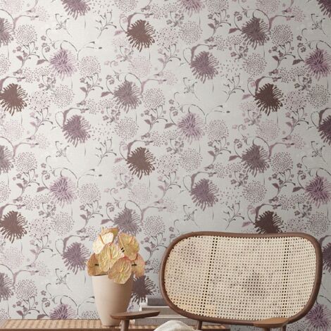 Papier peint floral sur fond argent Tapisserie cottage à fleurs mauves Papier peint style campagne idéal pour chambre