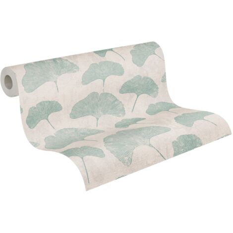 Papier peint floral sur fond beige Tapisserie à feuilles vert menthe Papier peint végétal tendance style cottage idéal pour salon