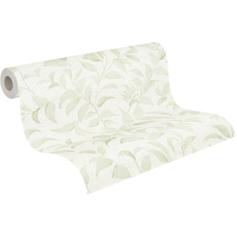 Papier peint floral sur fond blanc Tapisserie à feuillage vert Papier peint végétal style cottage campagne idéal pour salon