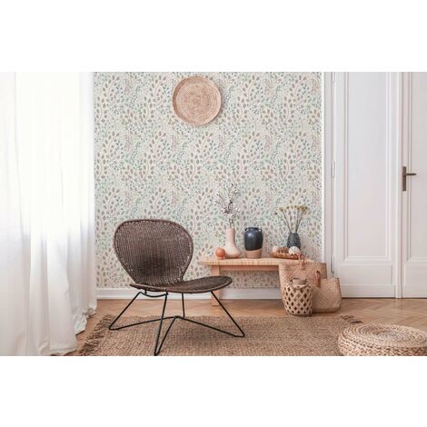Papier peint floral sur fond crème Tapisserie à fleurs bleues, vertes, roses Papier peint style cottage campagne idéal pour salon
