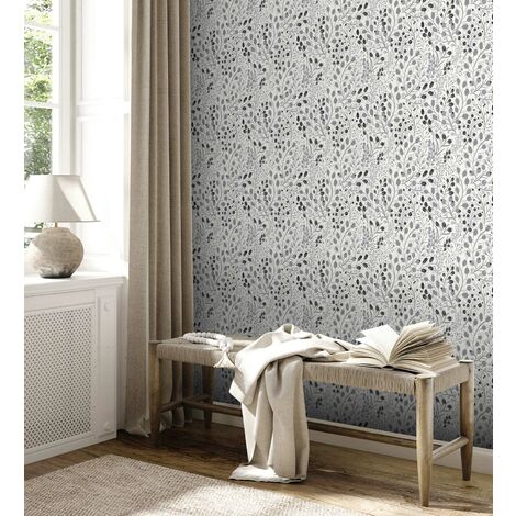 Papier peint floral sur fond crème Tapisserie à fleurs grises et noires Papier peint style cottage campagne idéal pour chambre