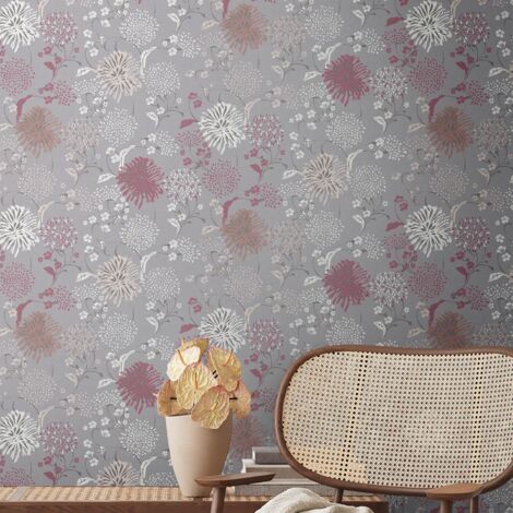 Papier peint floral sur fond gris foncé Tapisserie cottage à fleurs beiges et rouges Papier peint style campagne idéal pour couloir