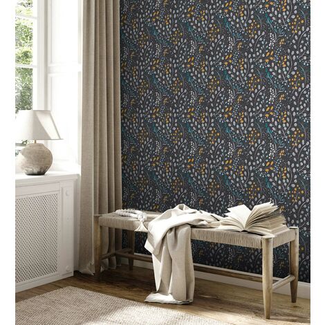 Papier peint floral sur fond noir Tapisserie à fleurs grises, bleues, oranges Papier peint style cottage campagne idéal pour chambre