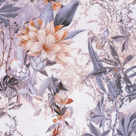 Papier peint floral violet et orange Tapisserie tendance à fleurs style botanique Papier peint fleuri style cottage idéal pour couloir
