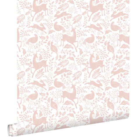 papier peint forêt avec des animaux de la forêt vieux rose - ESTAhome
